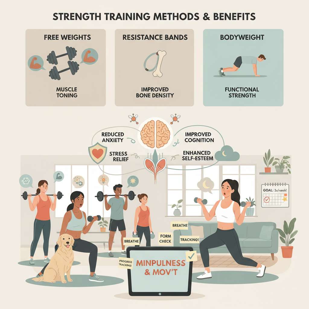An inspiring gym or fitness center scene showing a diverse group of people engaged in strength training exercises, highlighting the mental focus and positive mood benefits.