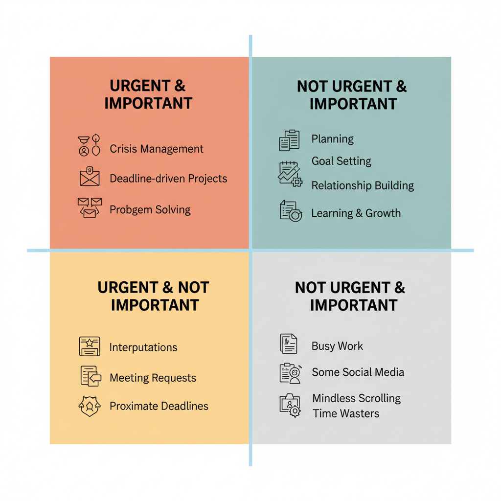 An illustration of the Eisenhower Matrix as a large square divided into four quadrants labeled Urgent & Important, Not Urgent & Important, Urgent & Not Important, and Not Urgent & Not Important, with example tasks placed in each quadrant.