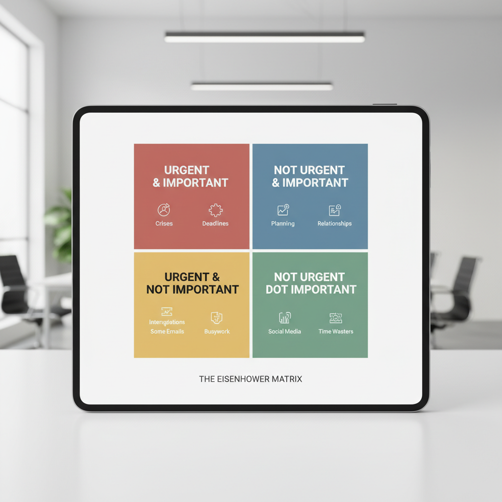 A depiction of a modern productivity workspace using digital tools like Trello or Todoist apps displaying an Eisenhower Matrix interface, combined with time-blocking and Pomodoro technique elements.