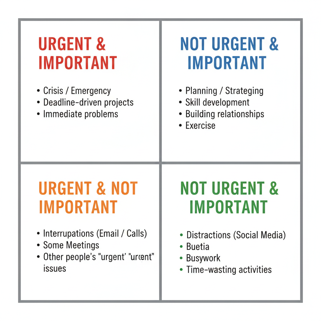 A step-by-step graphic showing the process of using the Eisenhower Matrix: listing tasks, assessing urgency and importance, assigning tasks to quadrants, taking action, and daily review.
