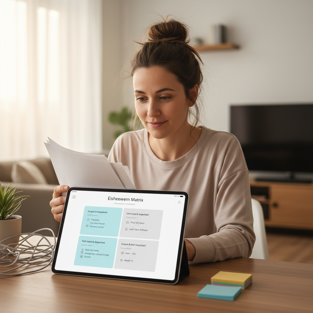 A visualization showing a stressed person overwhelmed with tasks transforming into a calm and organized individual using the Eisenhower Matrix, symbolizing how it improves productivity and reduces stress.