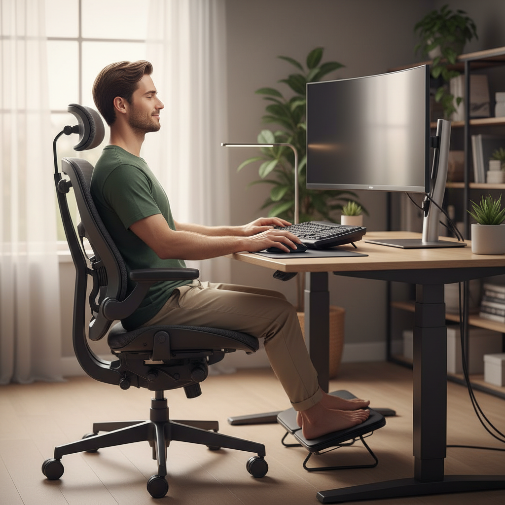 An illustration showing a person sitting at an ergonomic workstation, highlighting good posture with a supportive ergonomic chair, properly positioned desk and monitor, keyboard and mouse placement, and good lighting.