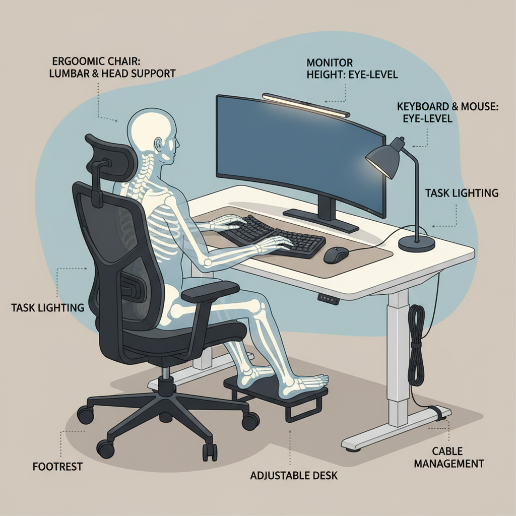 A detailed infographic of the key components of an ergonomic workstation, including ergonomic chair, desk height, monitor placement, keyboard and mouse setup, lighting, and accessories like footrests and cable organizers.