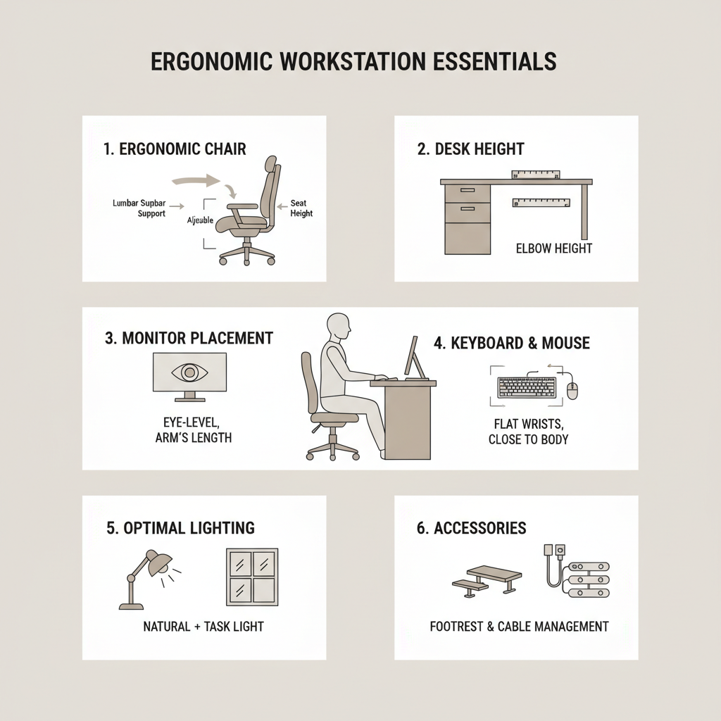 A step-by-step visual guide demonstrating the setup of an ergonomic workstation: adjusting chair height and lumbar support, positioning the desk and monitor, keyboard and mouse arrangement, optimizing lighting, and adding accessories like footrests and document holders.