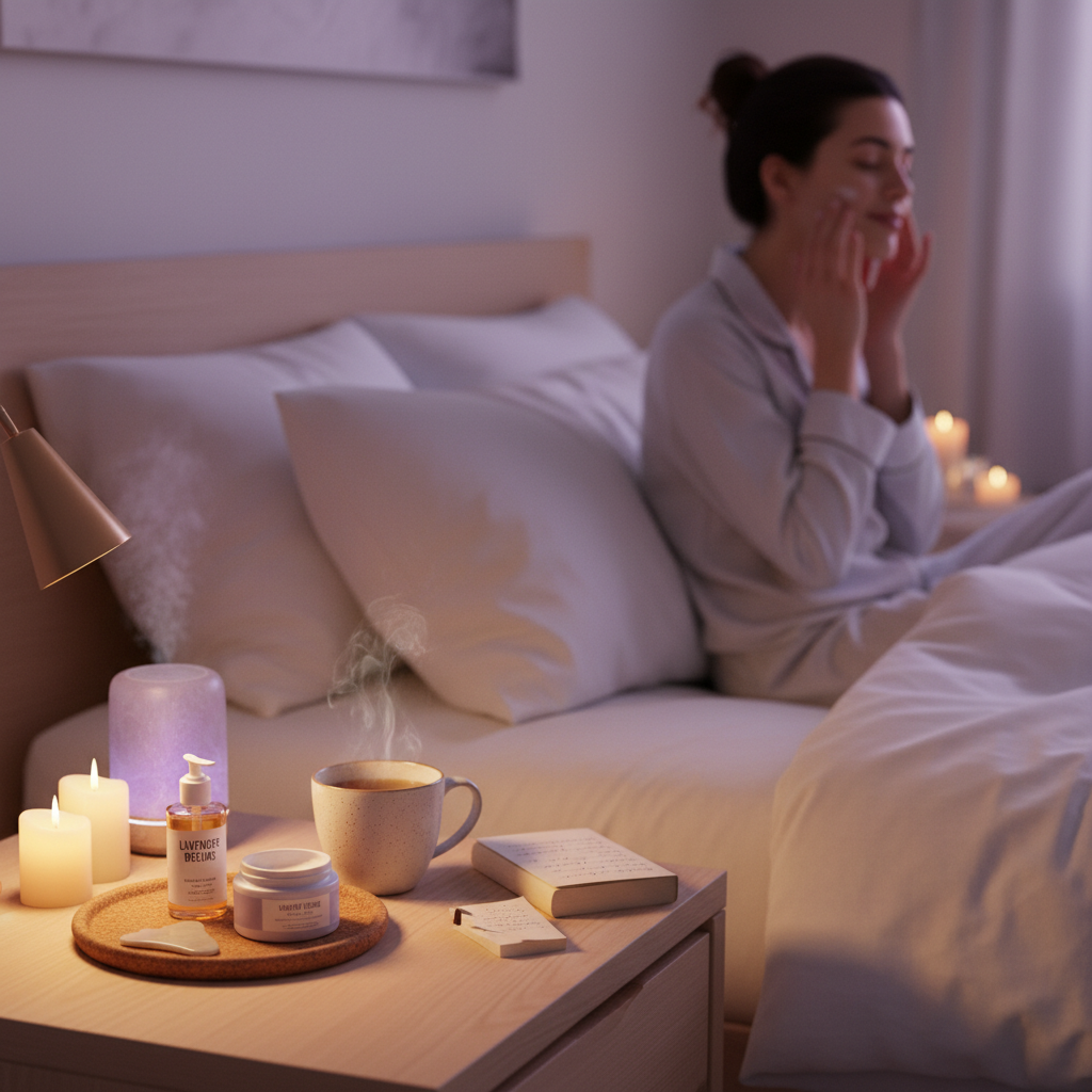 A tranquil scene of nighttime self-care rituals, including herbal tea, skincare products with lavender scent, a light book or journal on a bedside table, capturing a nurturing and soothing atmosphere.