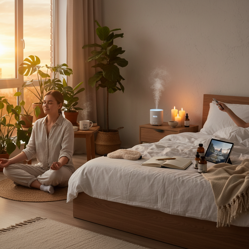 A person practicing evening meditation or breathing exercises in a serene space, showing relaxed posture and a calm facial expression, perhaps with soft candles or minimal decor.