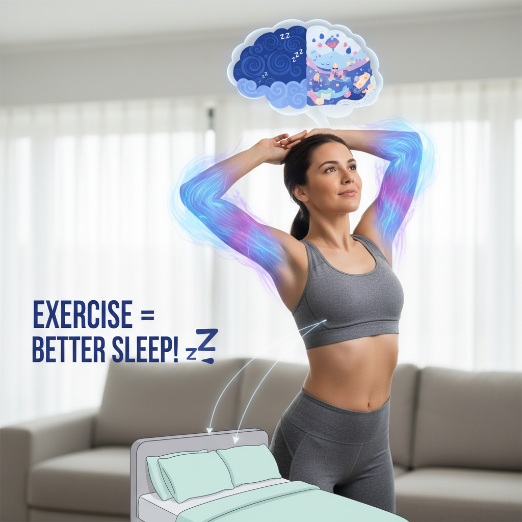 A collage of different types of exercise beneficial for sleep: aerobic activities (jogging, cycling), strength training (weight lifting), and mind-body exercises (yoga, Pilates), showing a peaceful sleep scene.