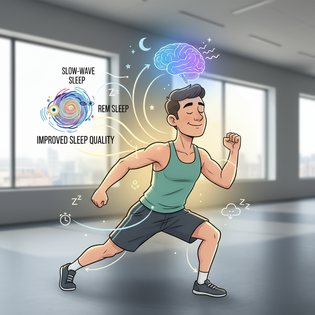 Illustration of a person exercising with visible effects on the brain and body showing improved sleep quality, including representations of slow-wave and REM sleep.