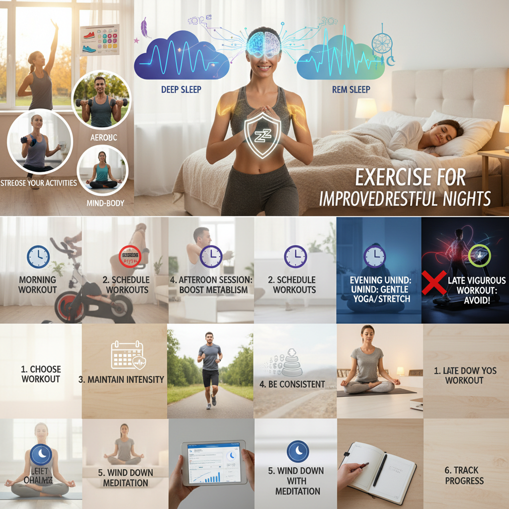 A step-by-step visual guide to improving sleep with exercise: choosing activities, scheduling workouts, maintaining intensity, consistency, winding down with meditation, and tracking progress using sleep journals or apps.