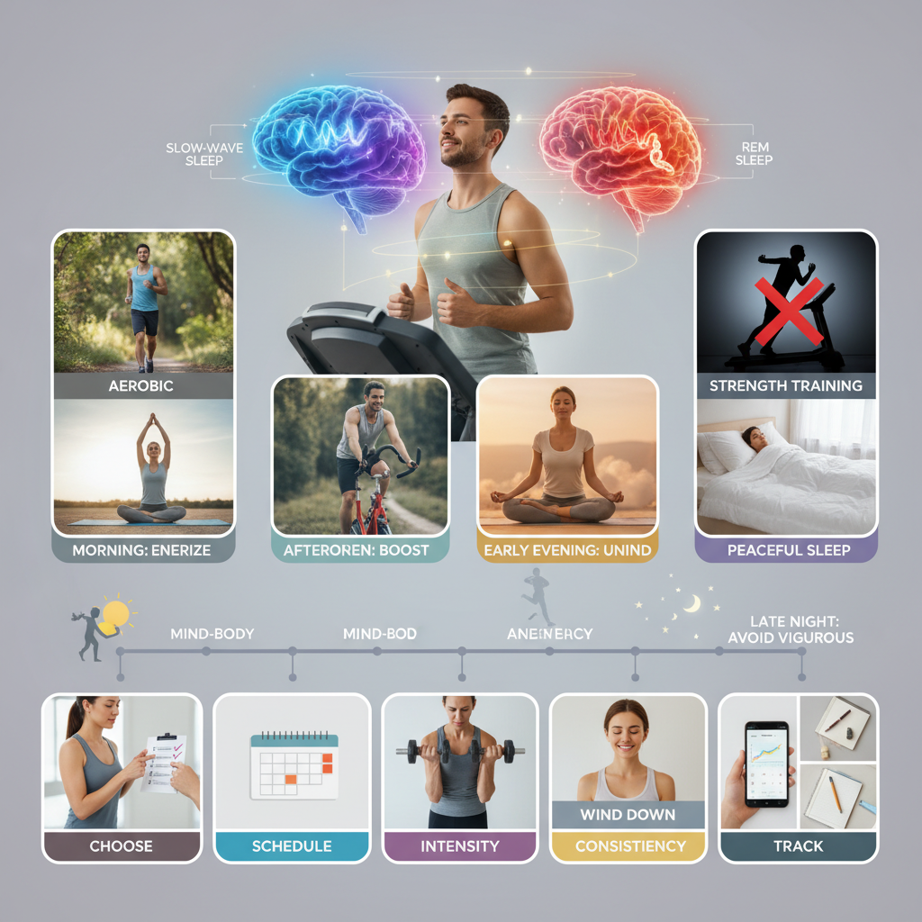 An infographic or scene depicting best times to exercise for optimal sleep: morning workout energizing a person, afternoon session, and a gentle evening yoga/stretching session, contrasting with an avoided late vigorous workout.