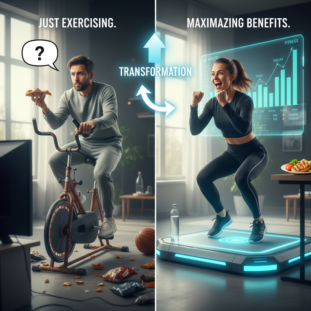 Illustration of a person upgrading their workout experience, symbolizing the difference between simply exercising and maximizing exercise benefits for better health and fitness.