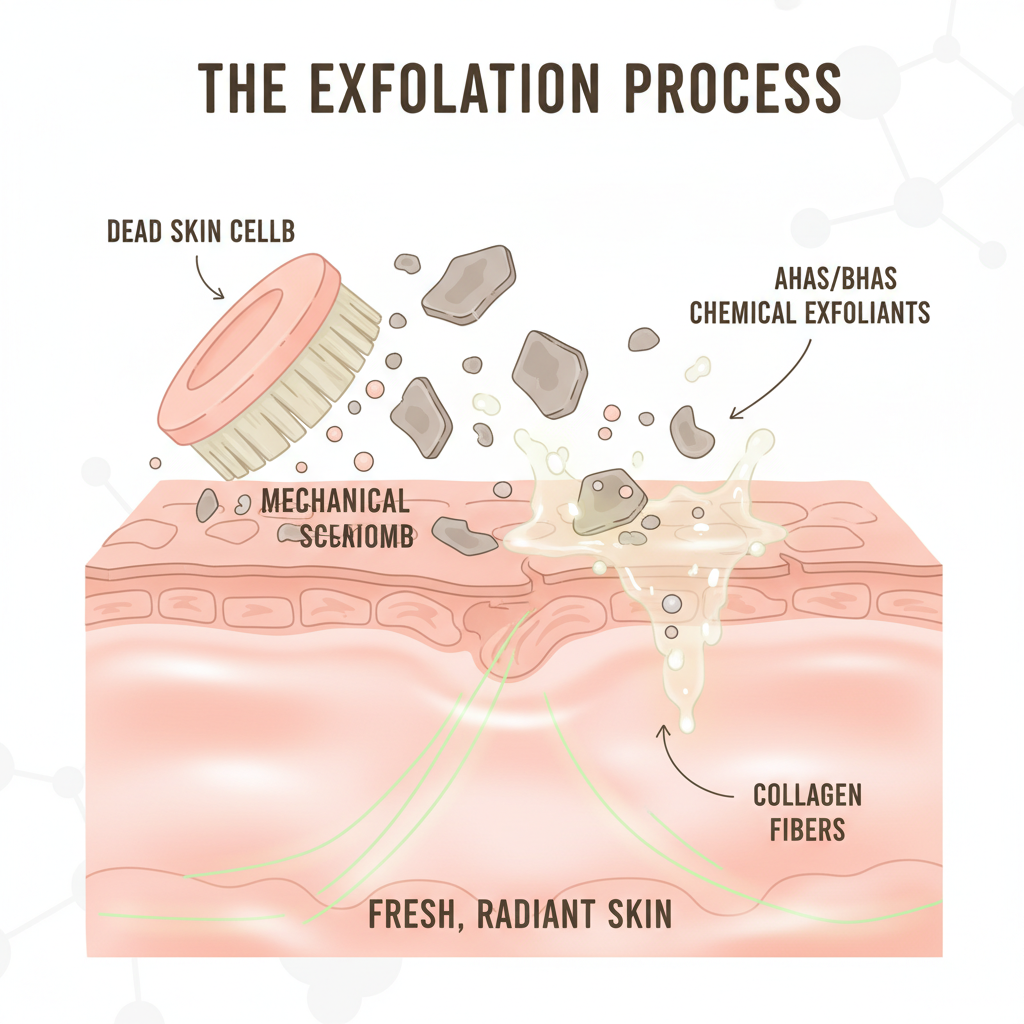 An illustration showing the process of exfoliation on skin: dead skin cells being removed to reveal fresh, radiant skin beneath, with representations of both mechanical tools (scrubs, brushes) and chemical exfoliants (AHAs, BHAs).