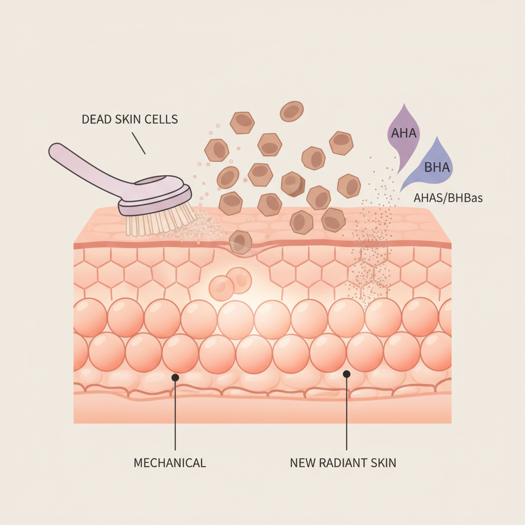 A visual infographic depicting the benefits of exfoliation: smooth and soft skin, brighter complexion, enhanced product absorption, acne prevention, and stimulated collagen production, with icons or imagery representing each benefit.