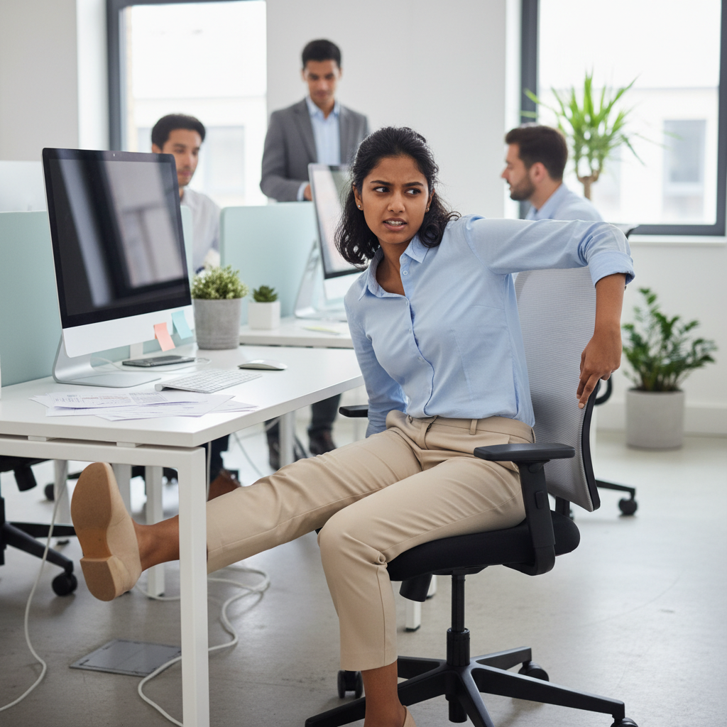 An office worker sitting at a desk doing simple stretches and movements to improve posture and circulation