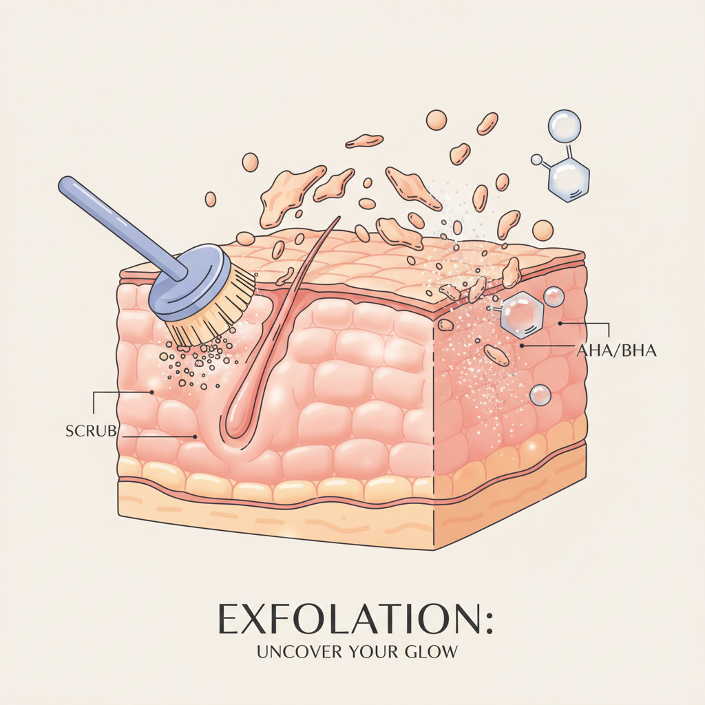 A split comparison image showing mechanical exfoliation (scrubs, brushes) on one side and chemical exfoliation (acids dissolving skin cells) on the other, highlighting the differences and use cases for each method.