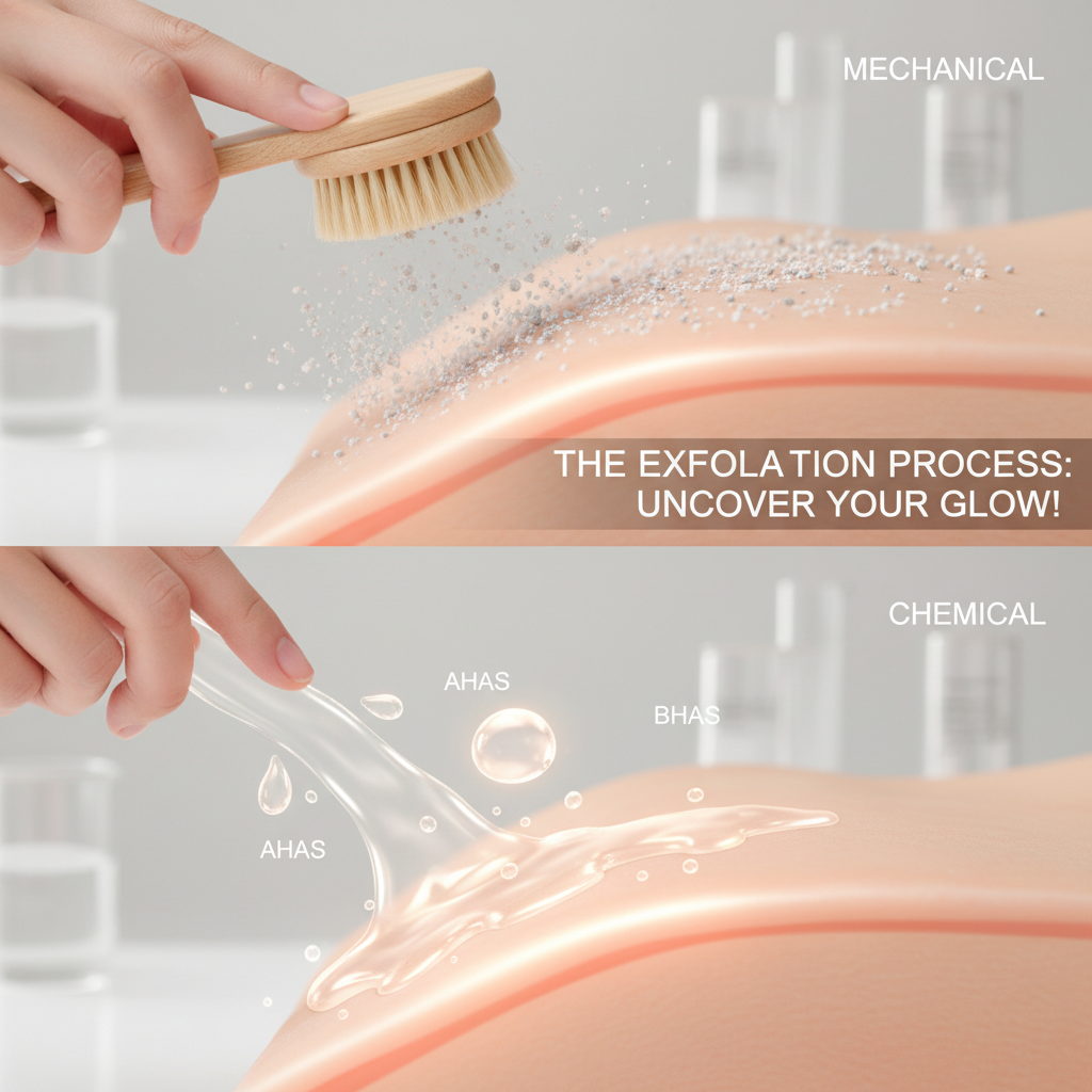 A step-by-step illustrated guide on how to exfoliate properly, including cleansing, applying exfoliant gently, rinsing, moisturizing, and applying sunscreen, emphasizing a gentle and safe skincare routine.