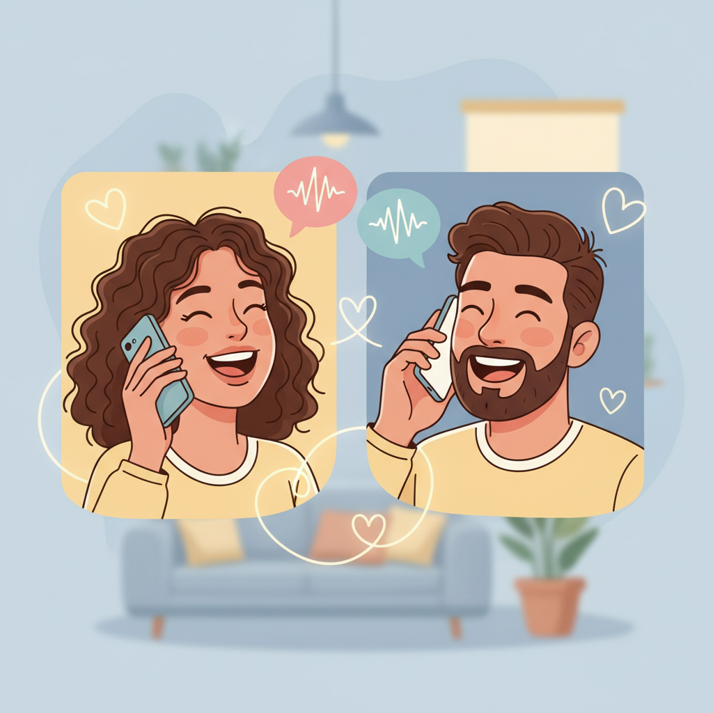 An illustration showing two friends happily talking on the phone, with warm and friendly facial expressions, emphasizing emotional connection.