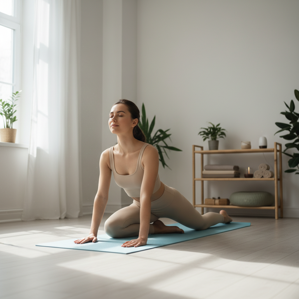 A calm, serene scene of a beginner practicing gentle yoga indoors, emphasizing slow, mindful movements and deep breathing, with a peaceful, welcoming atmosphere.