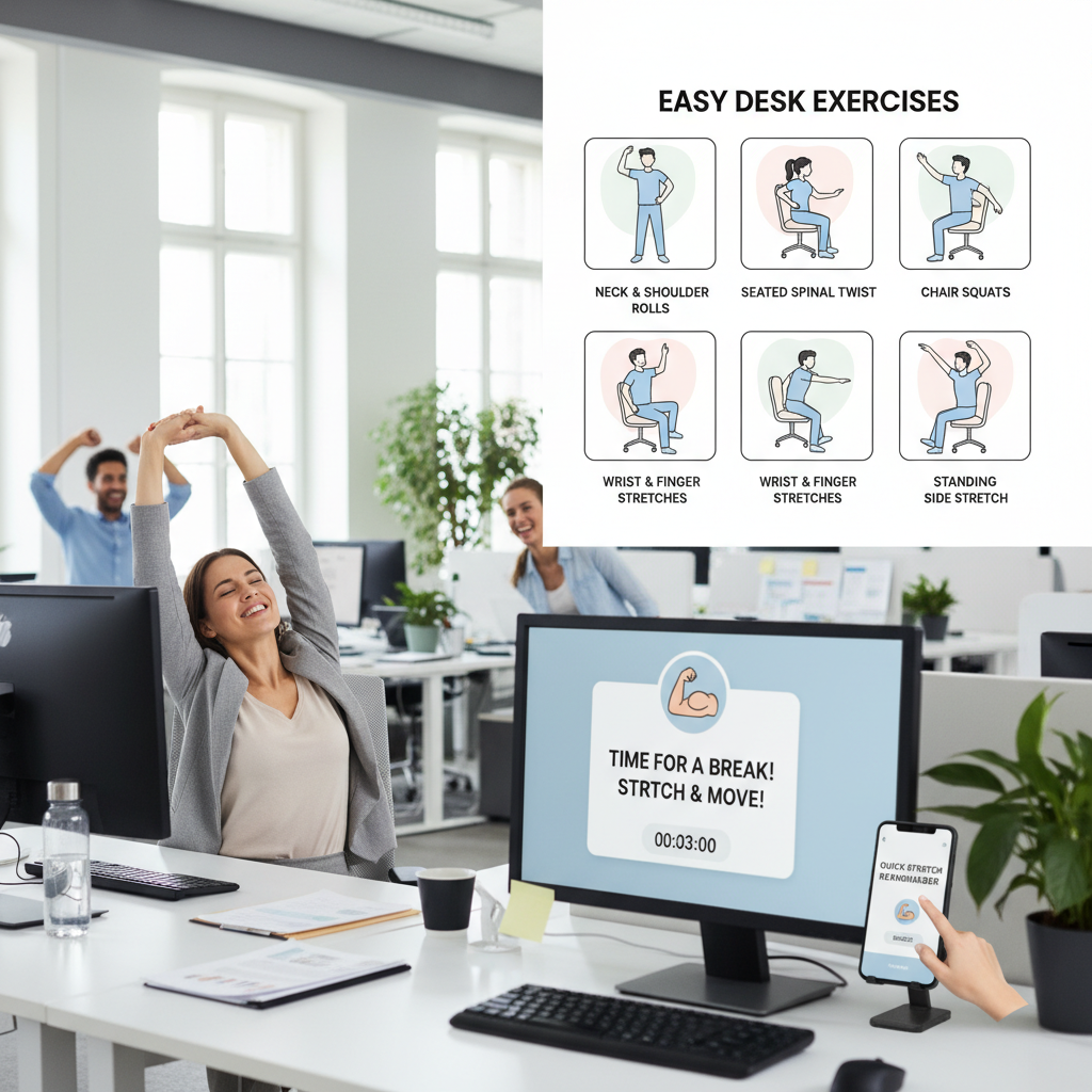 Illustrations of easy desk exercises: neck and shoulder rolls, seated spinal twist, chair squats, wrist and finger stretches, and calf raises