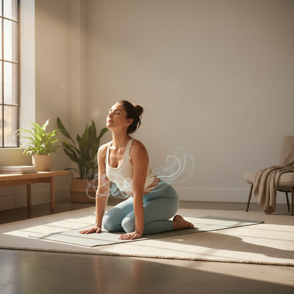 A clean, clear visual collage or lineup of the five essential gentle yoga poses for beginners: Cat-Cow Stretch, Child’s Pose, Seated Side Bend, Legs Up the Wall, and Supported Bridge Pose with block, with a soft and soothing color palette.