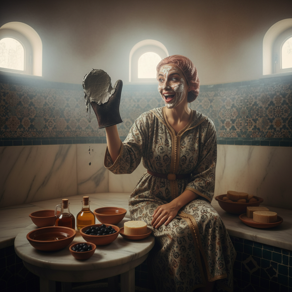 Moroccan hammam steam bath with natural oils and exfoliation tools