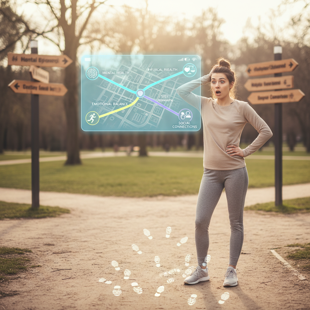 A visual representation of the SMART goals framework: a colorful infographic showing the acronym SMART (Specific, Measurable, Achievable, Relevant, Time-bound) with icons representing each component, alongside an example of a wellness goal like meditating every morning.