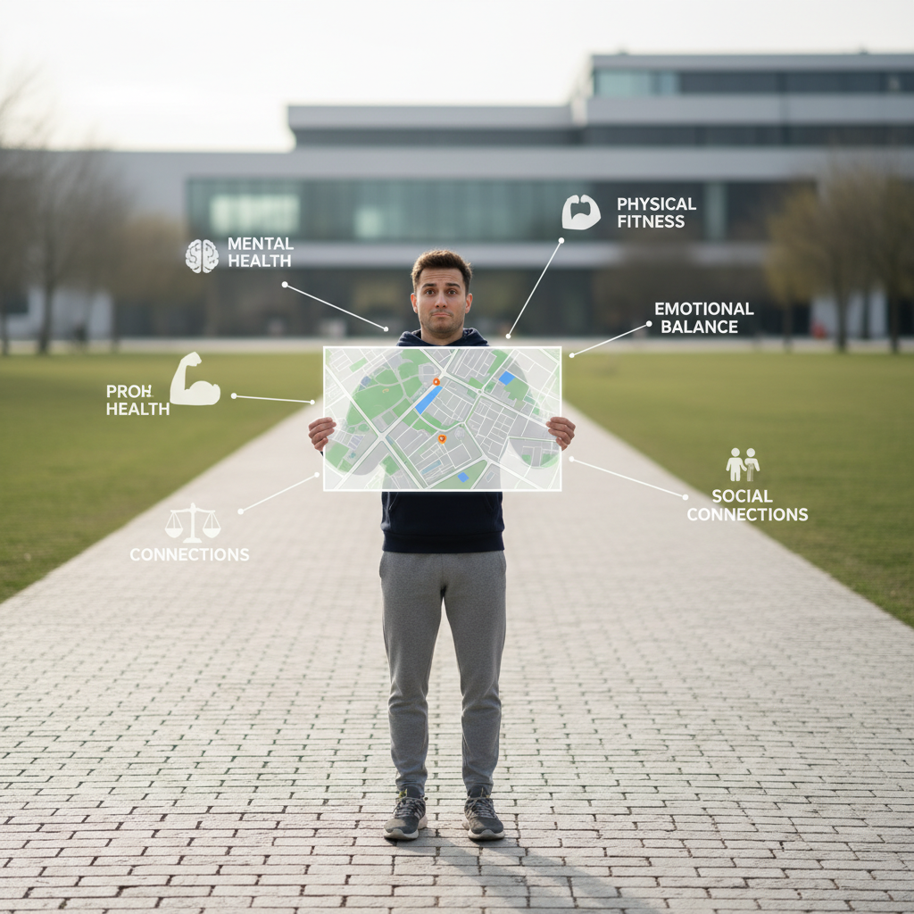 An illustration of a person standing at a crossroads with a GPS-like map showing different wellness paths such as mental health, physical fitness, emotional balance, and social connections, symbolizing the importance of wellness goal setting.