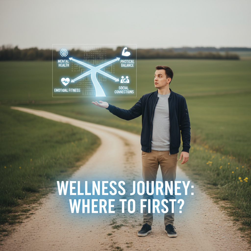 A step-by-step planner or checklist image depicting a person organizing wellness goals: reflecting on current state, defining vision, setting SMART goals, breaking into steps, creating action plans, tracking progress, and building support networks.