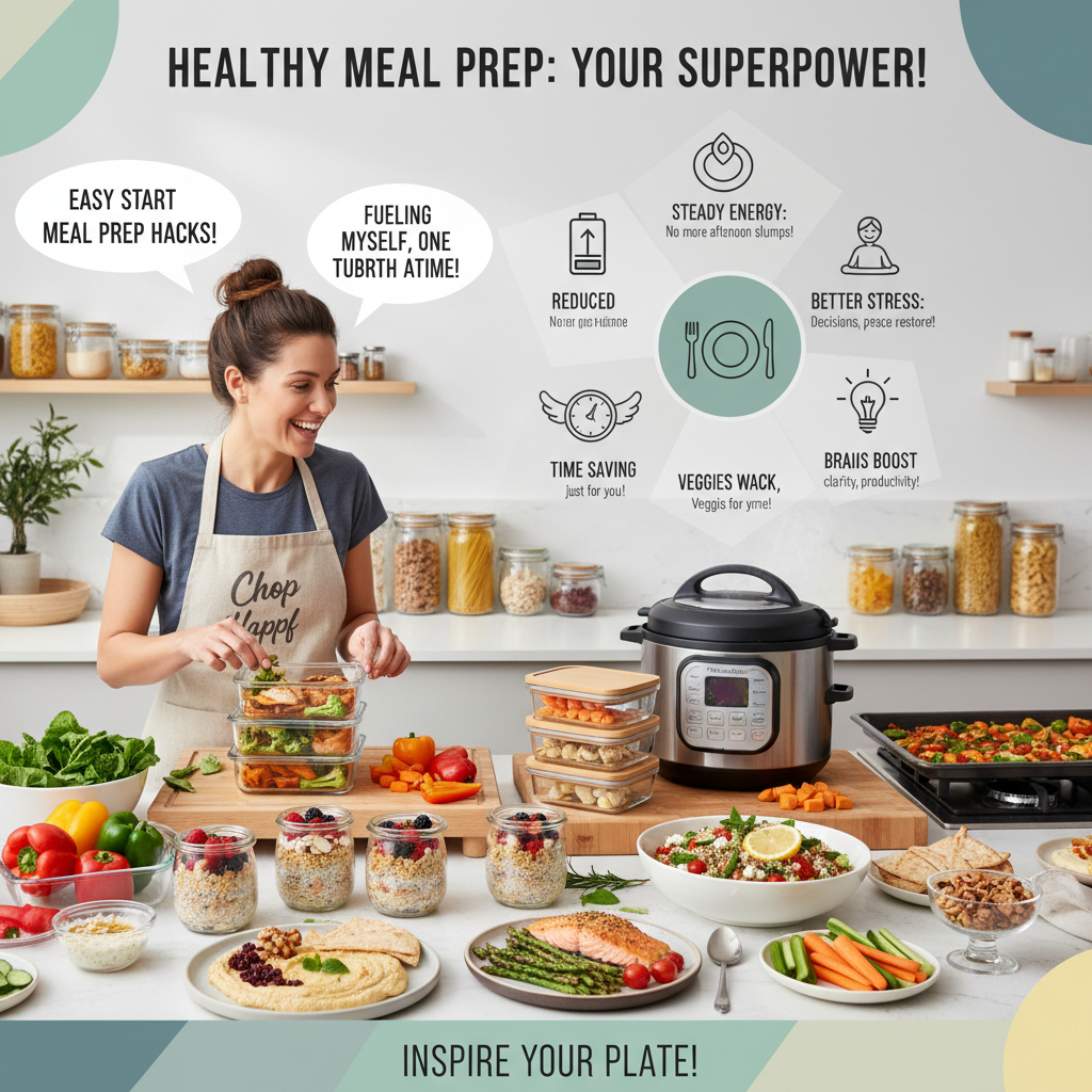 Illustration of a person preparing and packing balanced meals in containers on a kitchen counter, showcasing the concept of healthy meal prep as essential for self-care and steady energy