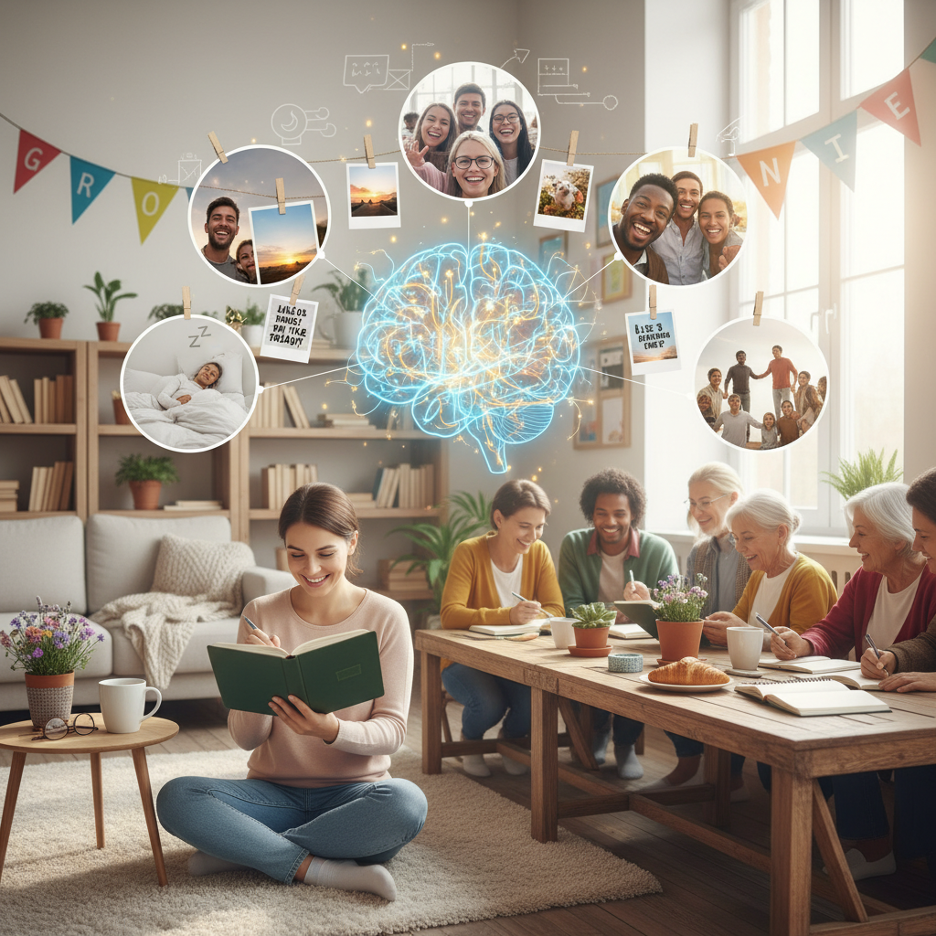 A creative flat lay of different gratitude journaling formats including handwritten notes, doodles, photos, and prompts displayed on a desk with colorful stationery