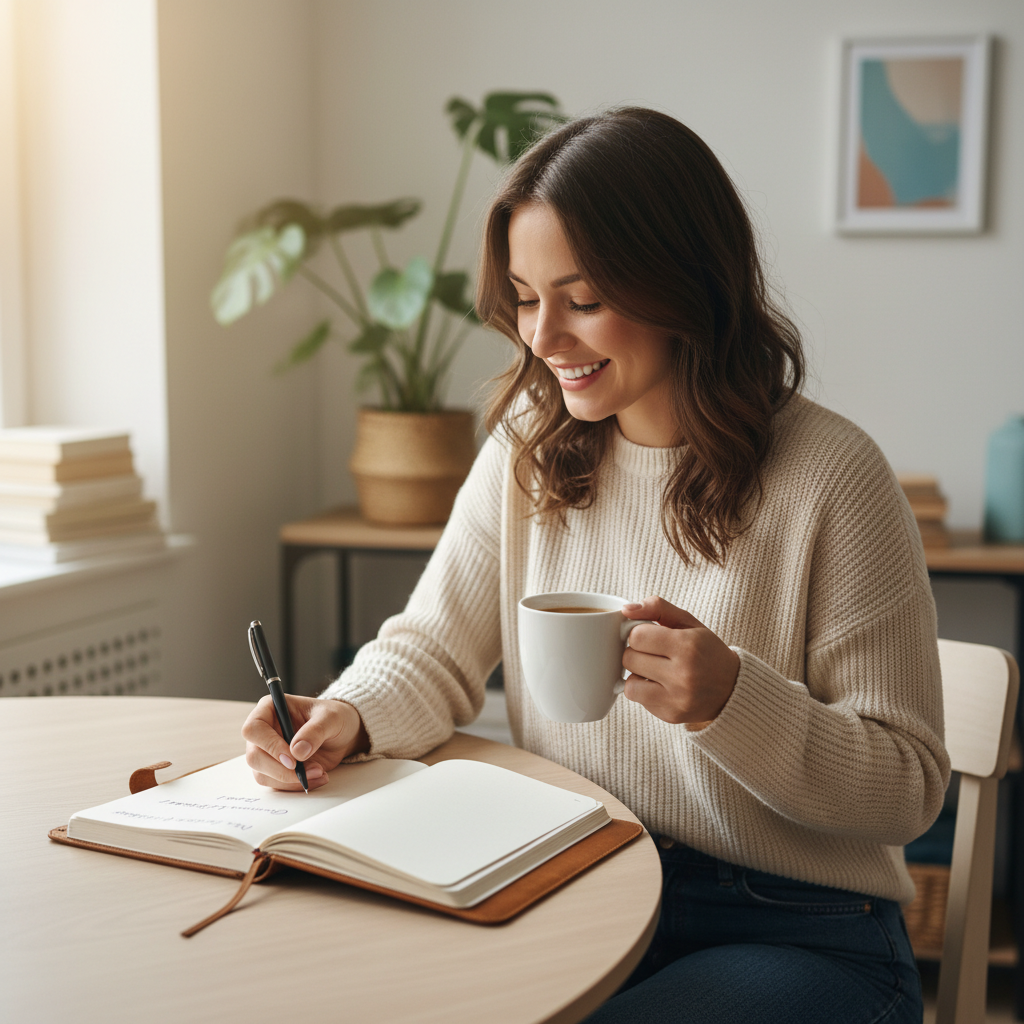 A warm community gathering with diverse people sharing experiences and positivity through journaling, representing the supportive feedback and communal aspect of gratitude journaling