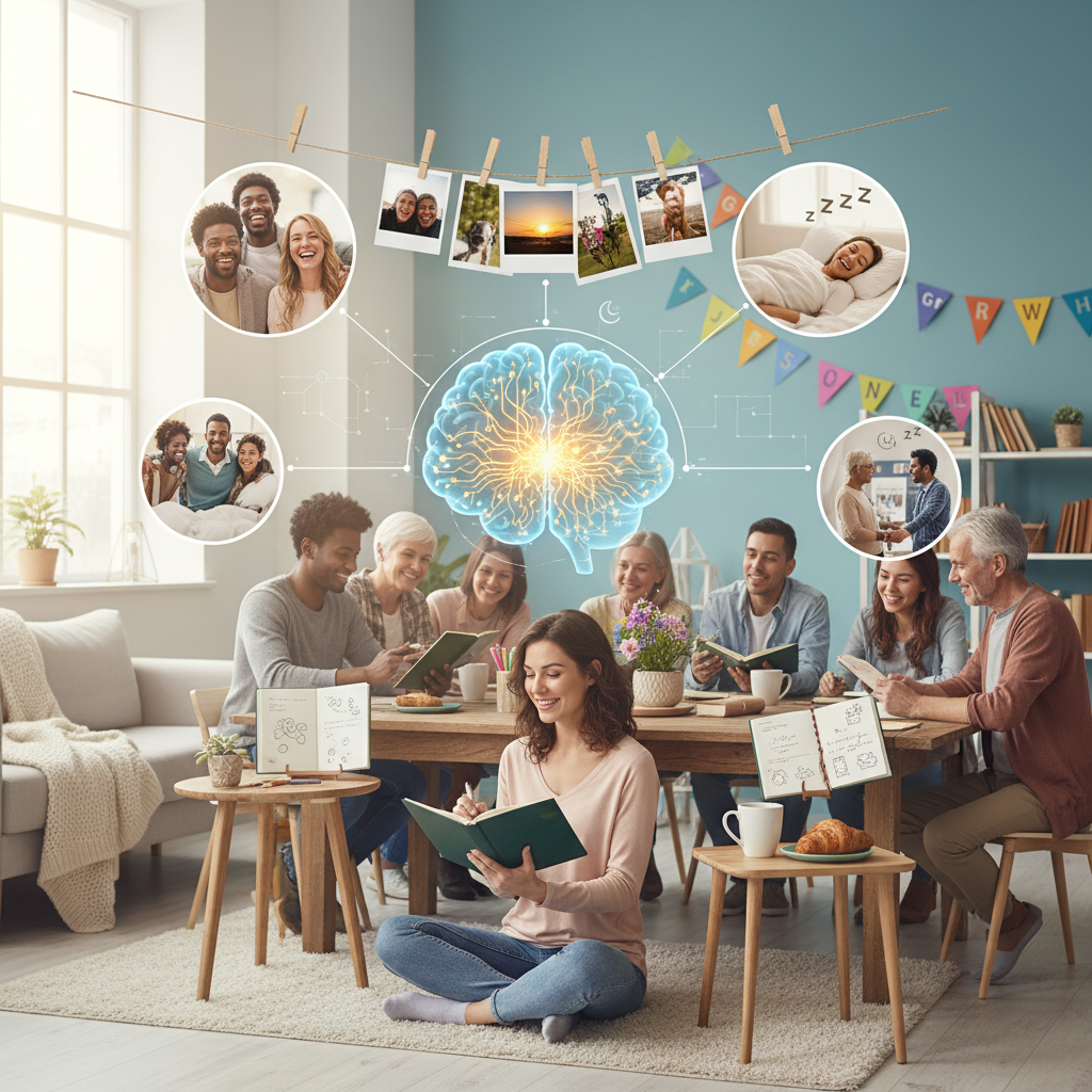 A visual representation of scientific benefits of gratitude journaling, showing a brain with bright neural connections, smiling faces, restful sleep, and social connections