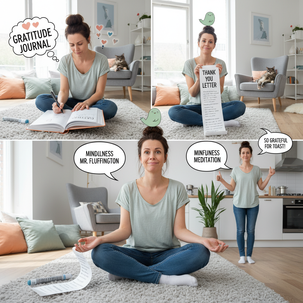 Infographic showing the scientific benefits of gratitude practice on mental health, physical health, social connections, and longevity with icons representing mood improvement, reduced stress, better sleep, and stronger relationships.