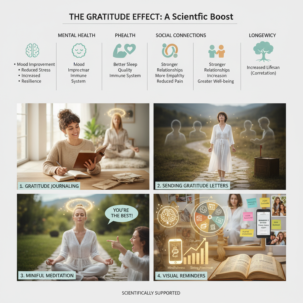 A person overcoming common challenges in gratitude practice using mindfulness, varying routines, setting reminders, and embracing all emotions, depicted with symbolic imagery such as a thoughtful figure, reminders, and positive affirmations.