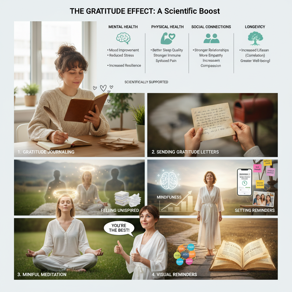 Illustration of a person engaged in various gratitude practices such as journaling, writing letters, mindfulness meditation, and expressing gratitude verbally in daily life.