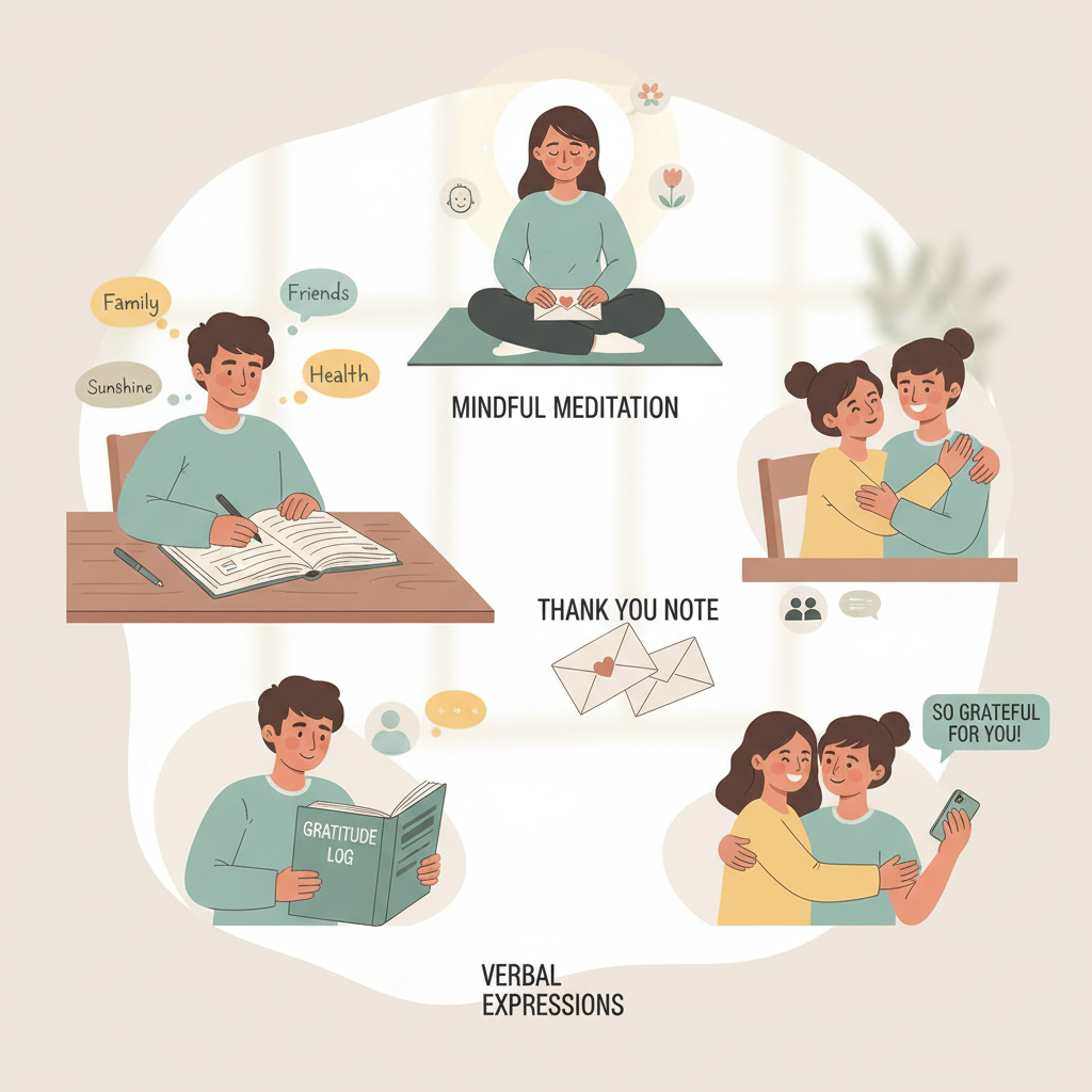 Visual depiction of practical gratitude exercises: a person journaling, sending a gratitude letter, practicing mindful meditation, using visual reminders like sticky notes and photos in daily routines.