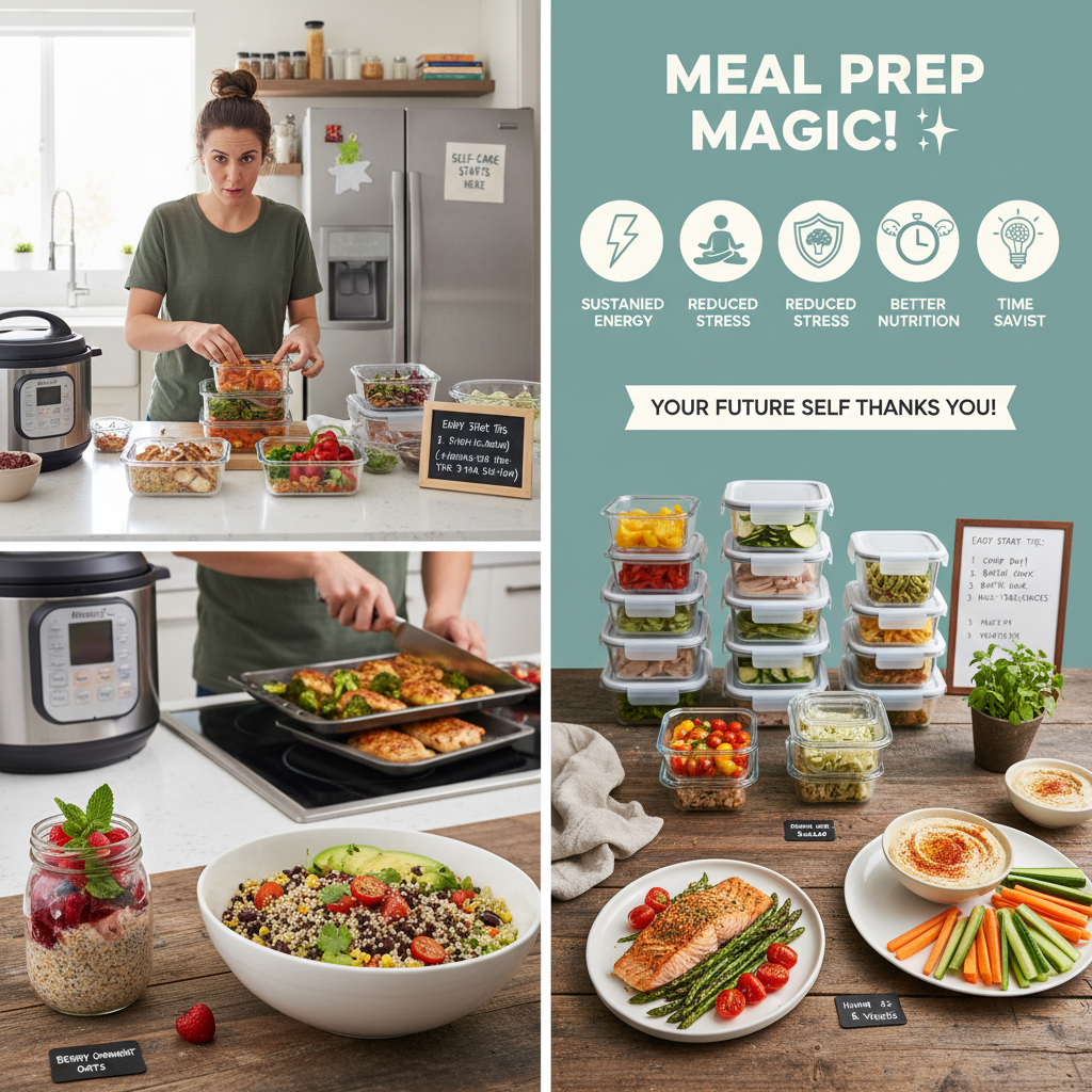 Infographic-style image highlighting the benefits of healthy meal prep, including sustained energy, reduced stress, better nutrition, time saving, and brain boost, with icons representing each benefit