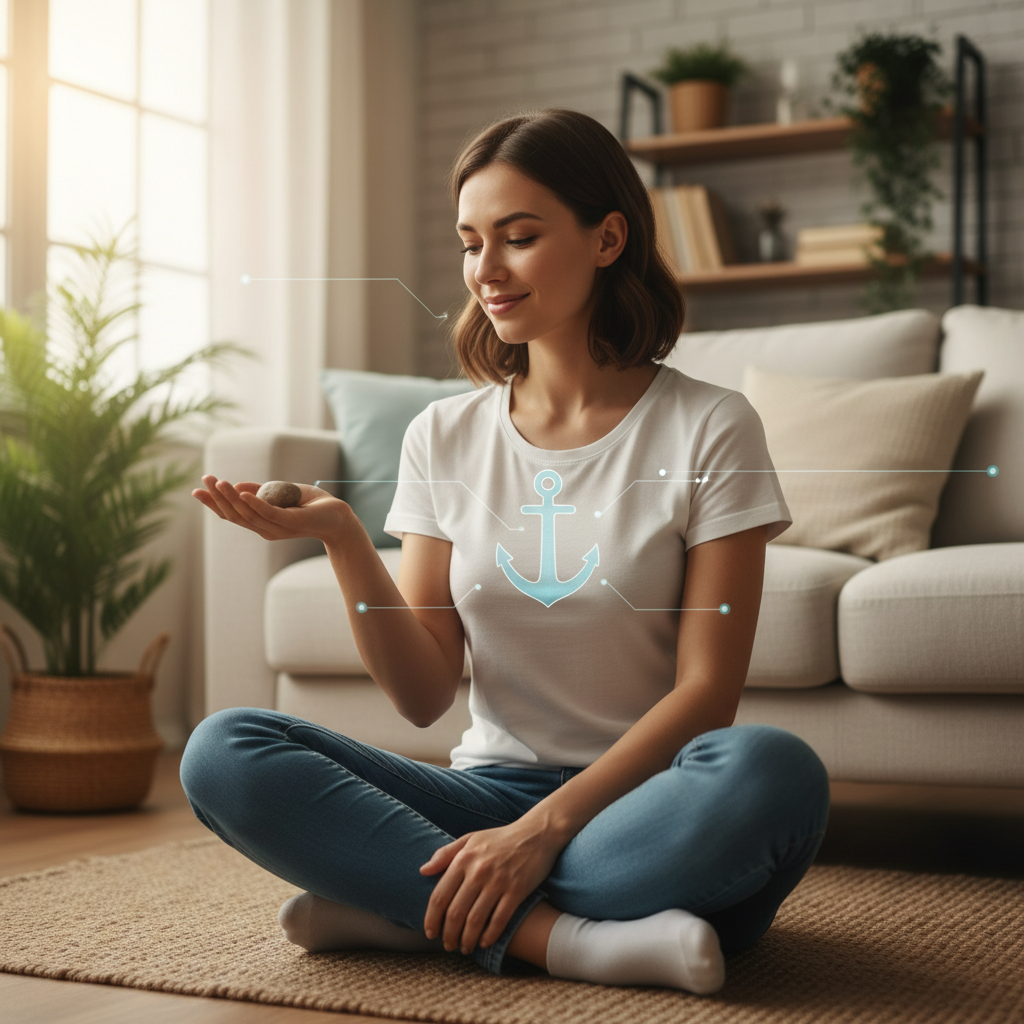 Visual representation of the '5-4-3-2-1 Sensory Method' showing elements to see, touch, hear, smell, and taste, emphasizing mindfulness and sensory engagement.