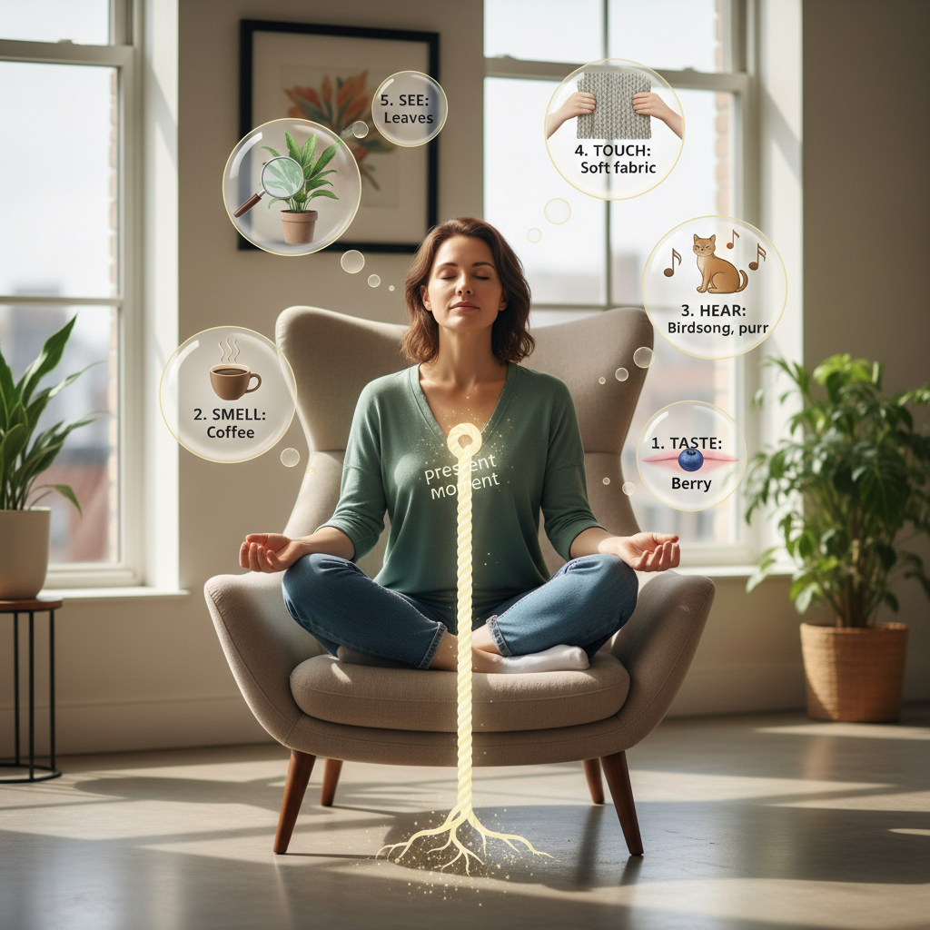 Person performing the box breathing technique, with animated breath cycles and a square pattern indicating the 4-second inhale, hold, exhale, and hold phases.