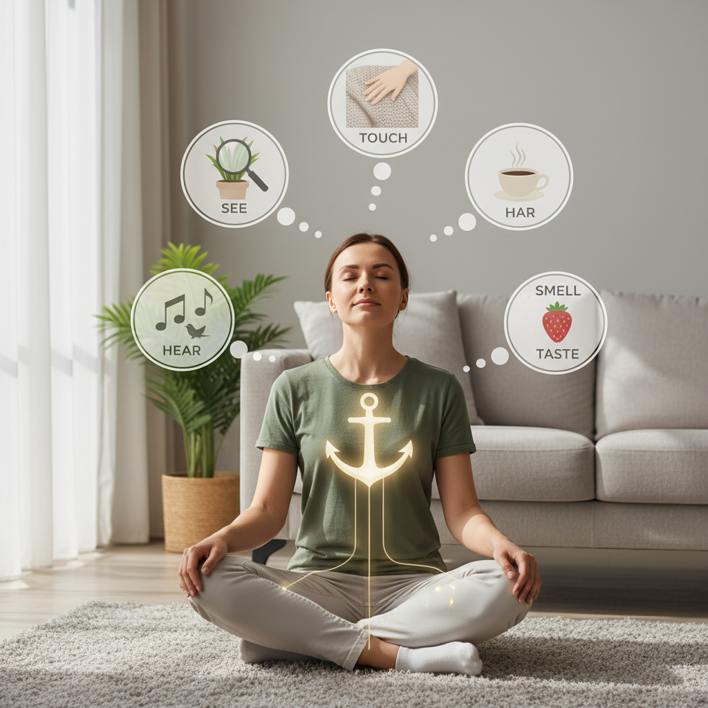 A tranquil scene of mindful walking, such as someone walking barefoot on grass or sand, connecting with nature to promote relaxation and grounding.