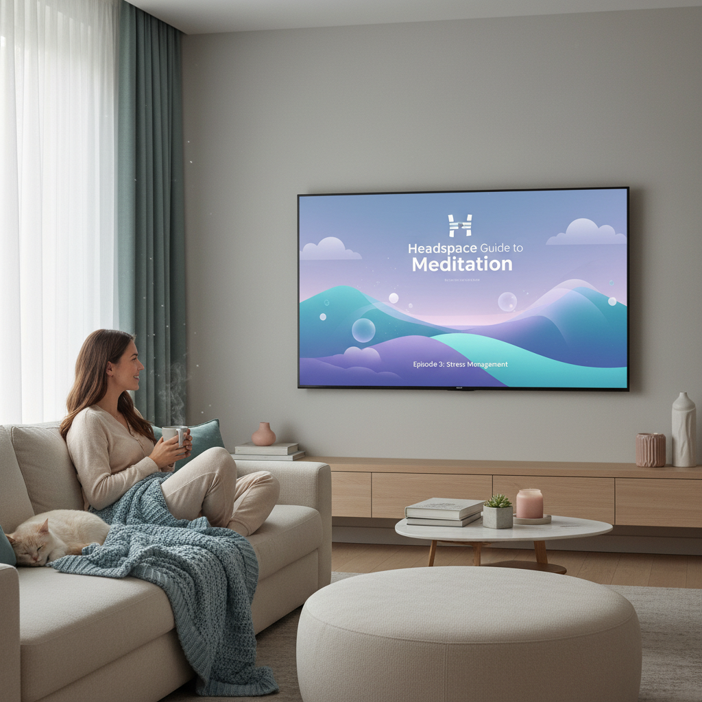 An animated illustration showcasing key benefits of the Headspace Guide series: a former monk guiding mindfulness, short episode durations, calming animations, and different meditation moods to choose from.