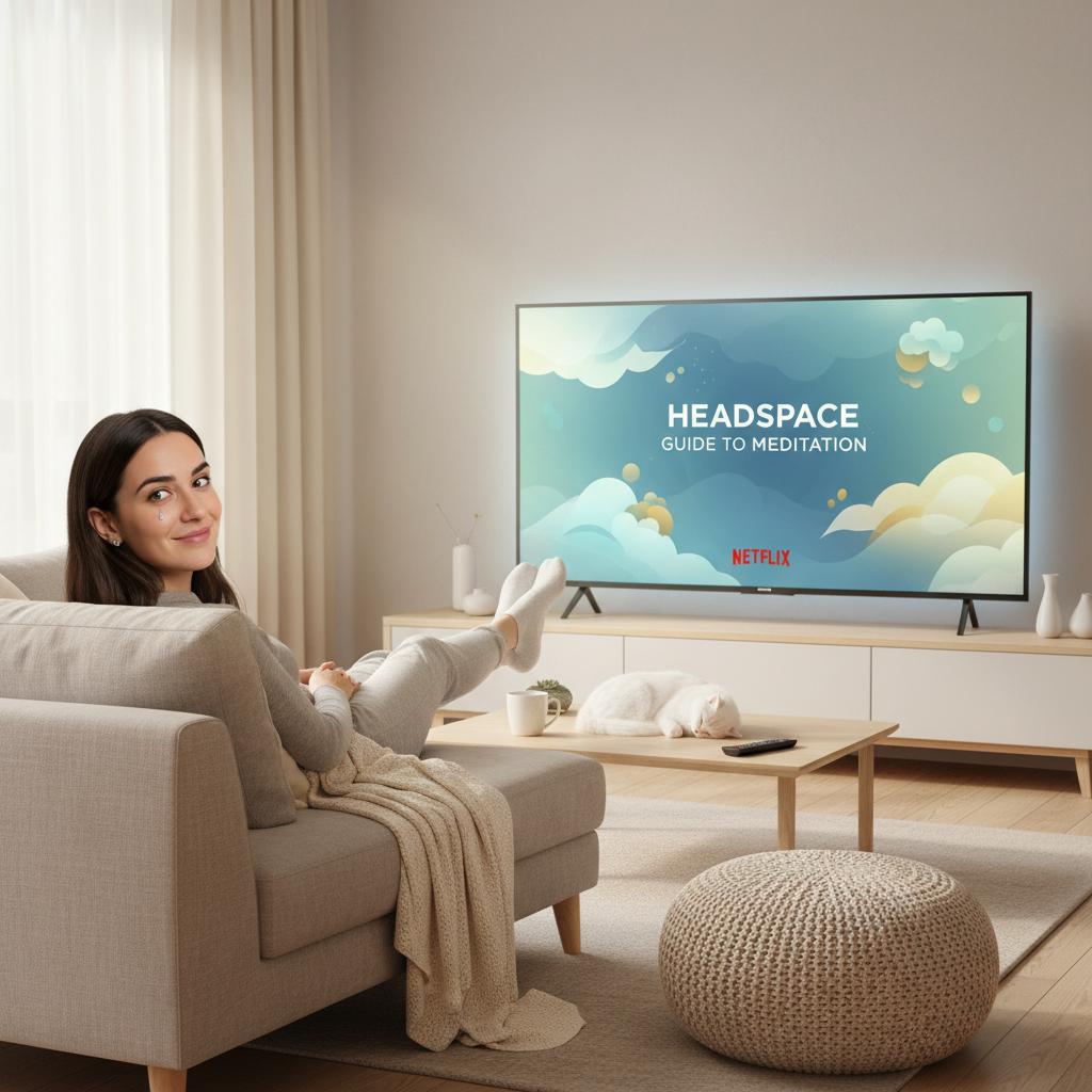 A cozy living room scene with a person relaxing and watching the Headspace Guide to Meditation on Netflix, with soft calming colors and a TV screen showing peaceful animations.