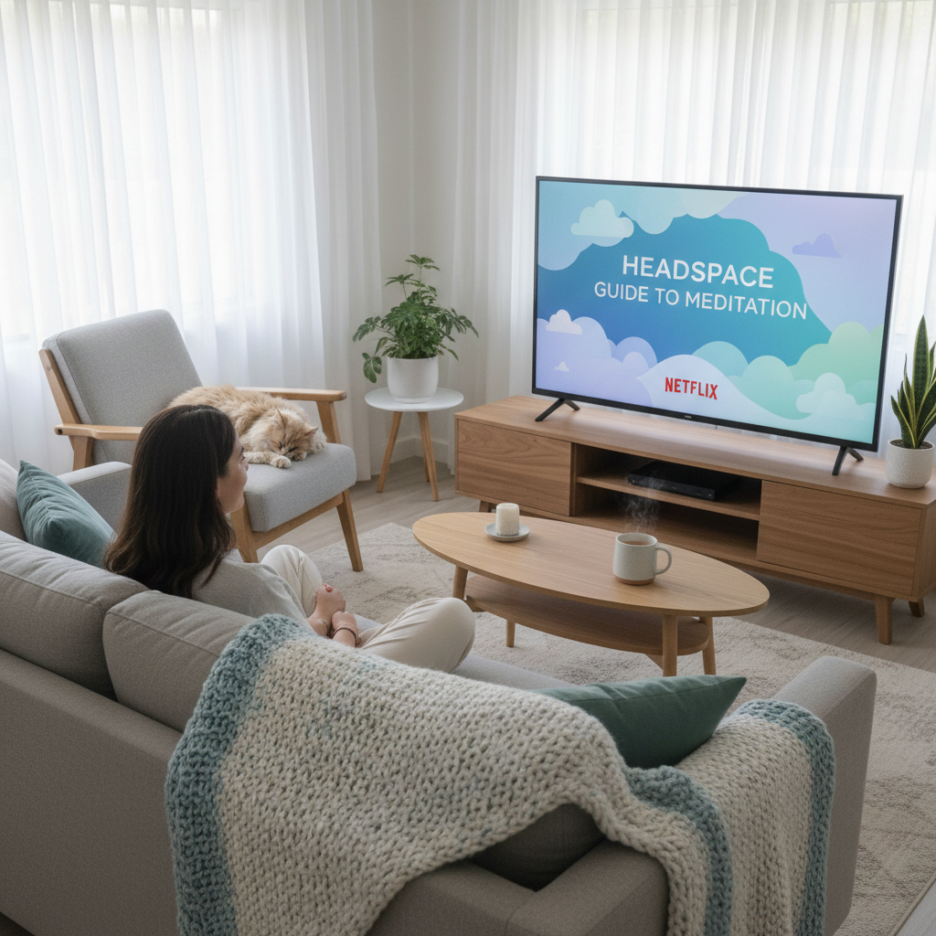 A peaceful meditation nook setup with headphones, a journal, and a calm atmosphere highlighting tips for a successful meditation routine, such as consistency and quiet space.