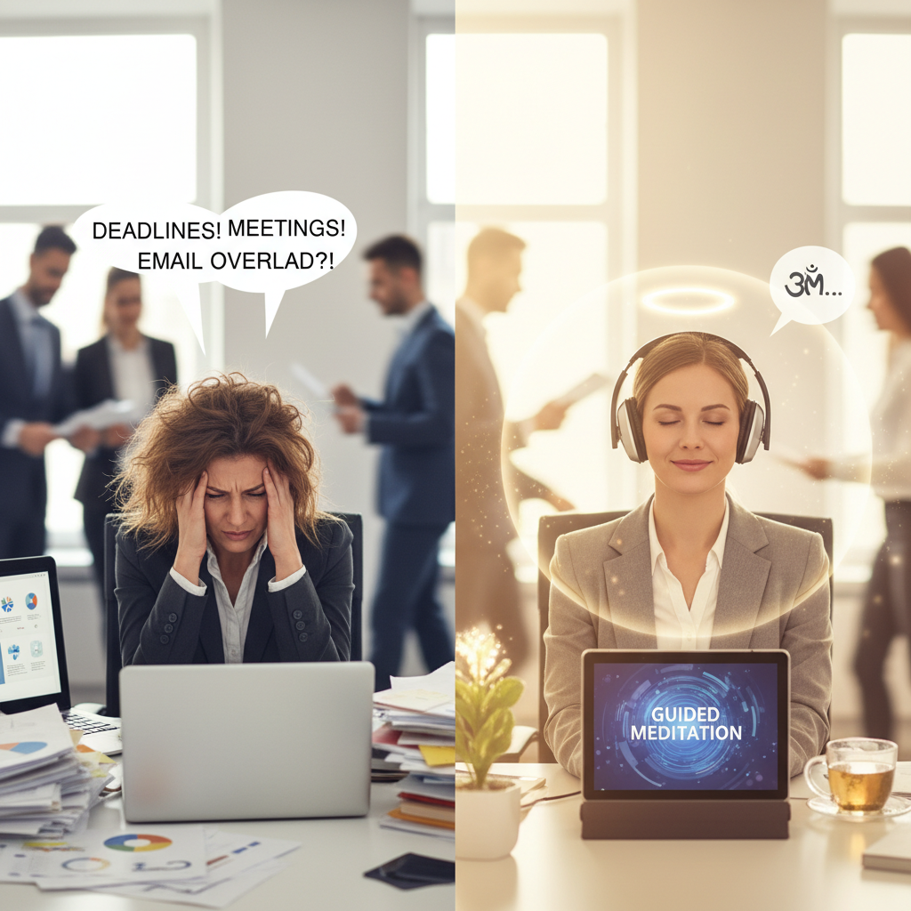 An infographic-style image showing the science behind guided meditation for stress relief: mindfulness, breath work, visualization, and their effects on the body and mind.