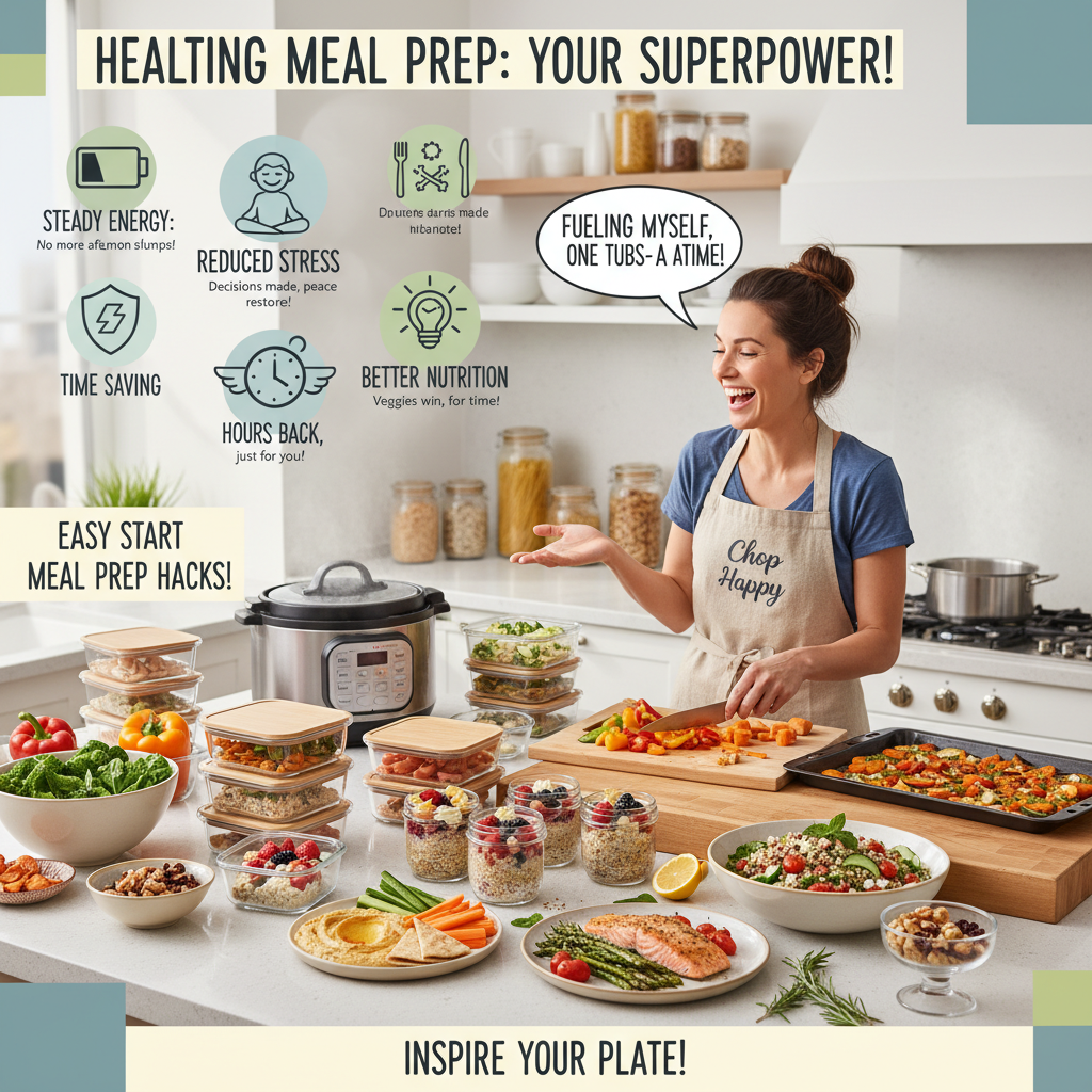 Visual of a kitchen setup with meal prep tools like Instant Pot, slow cooker, and organized storage containers, along with someone chopping vegetables and cooking in batches to convey easy tips for getting started with healthy meal prep