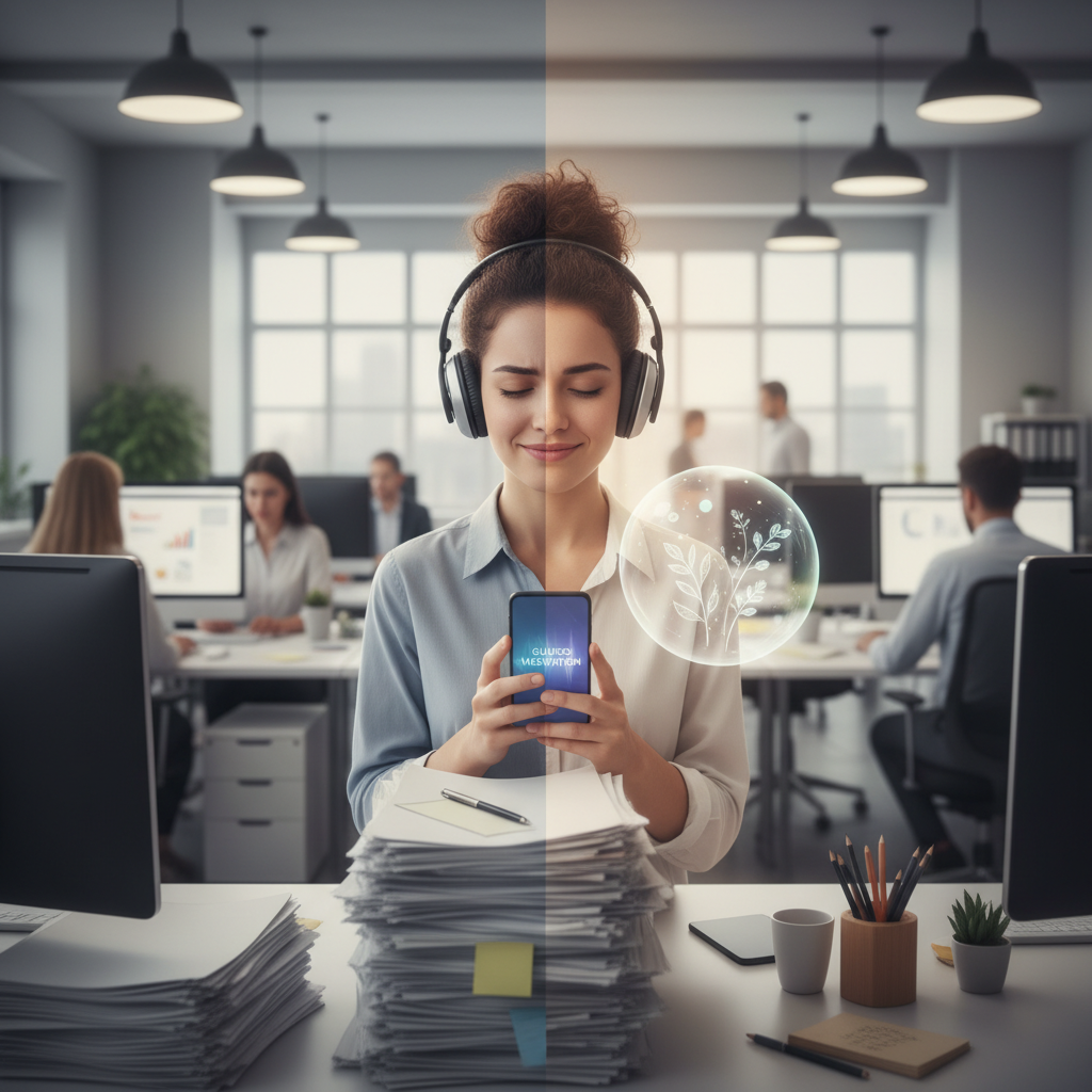 Tips for maximizing meditation: a cozy meditation space with headphones, soft background music, a meditation app on a smartphone, and a journal for tracking progress.