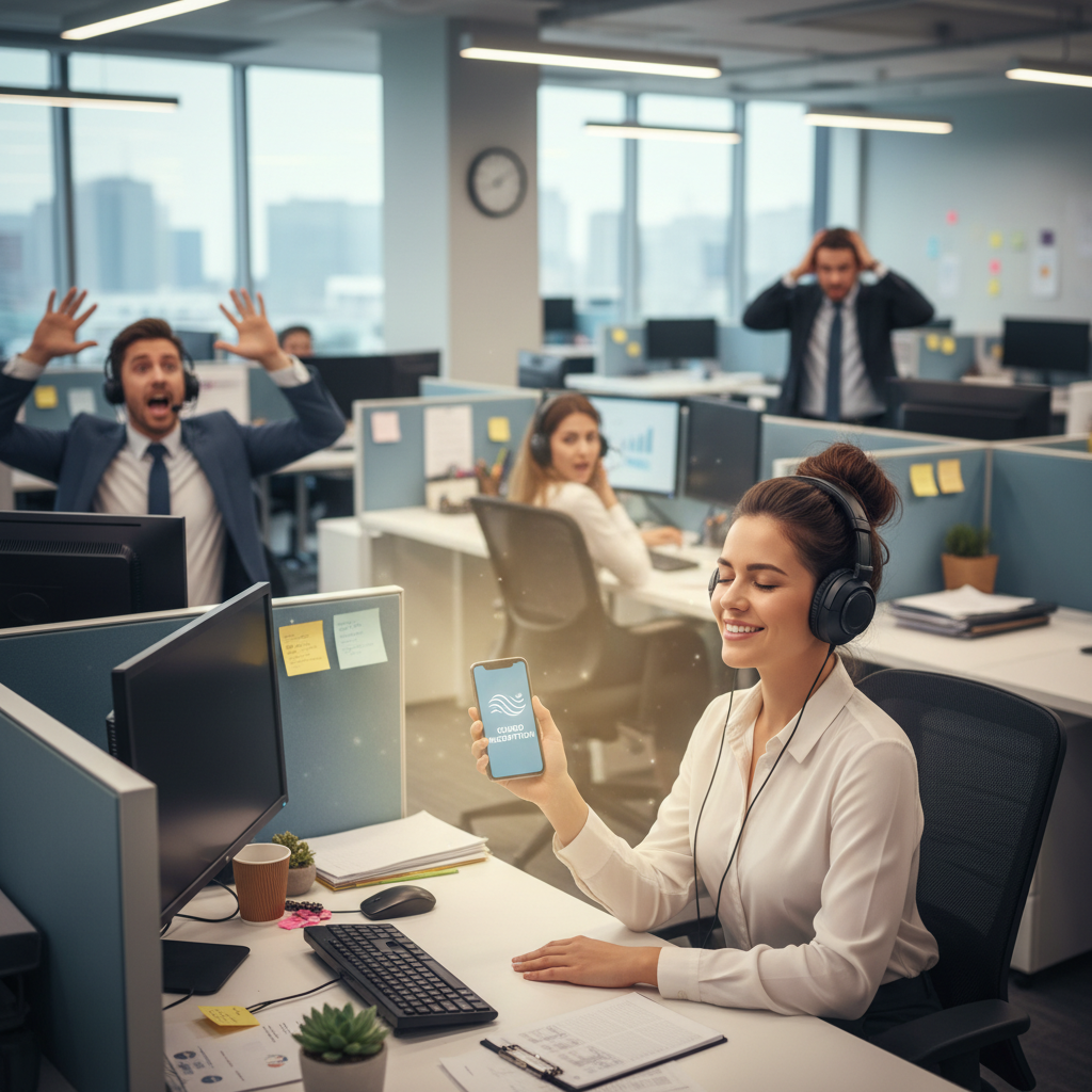 A peaceful scene illustrating a person discovering guided meditation amidst a busy, stressful work environment, showing transformation from overwhelmed to calm.