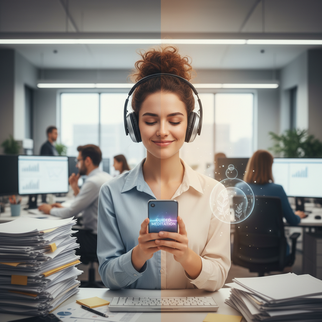 Step-by-step guided meditation practice: a person sitting comfortably with eyes closed in a quiet spot, demonstrating breathing, body scan relaxation, visualization, and affirmation.