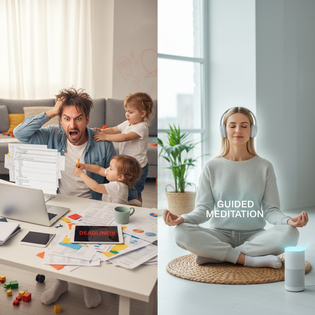 Illustration of a stressed person overwhelmed by everyday life chaos with deadlines, kids, and emails, contrasted with a calm figure practicing guided meditation.