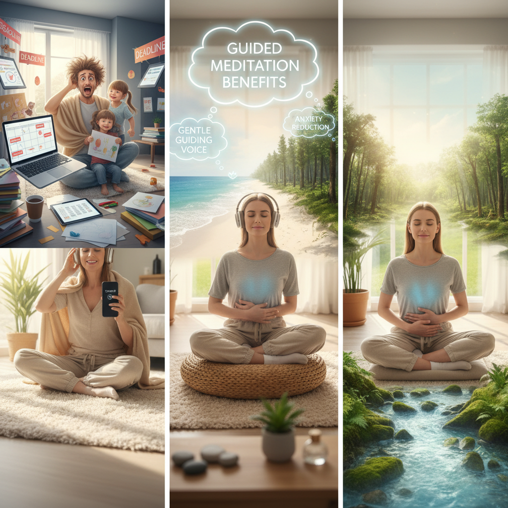 A serene scene depicting a person visualizing their happy place — a peaceful beach or forest — while practicing breathwork and body scan meditation.